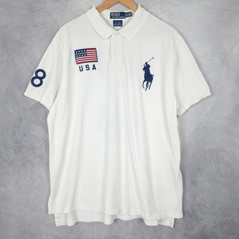 USA Beijing 2008 Olympics Shirt Mens 2XL White Polo Ralph Lauren Custom Fit FLAW